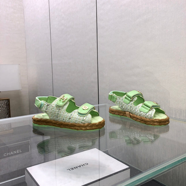 VELCRO SANDALS IN GREEN PASTEL LAMBSKIN AND TWEED FABRIC