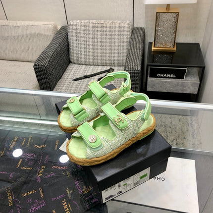 VELCRO SANDALS IN GREEN PASTEL LAMBSKIN AND TWEED FABRIC