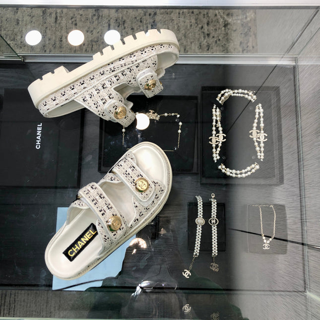 DAD SANDAL MULE IN WHITE MIX BLACK TWEED FABRIC