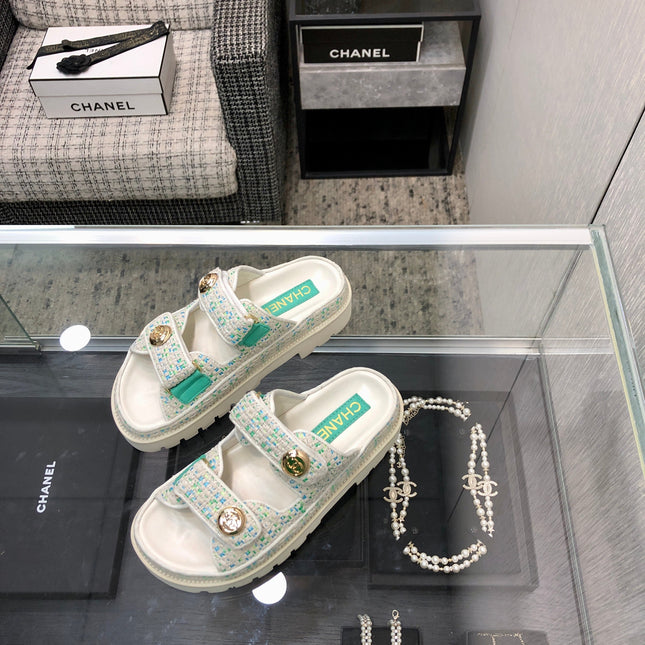 DAD SANDAL MULE IN WHITE MIX PERSIAN GREEN TWEED FABRIC