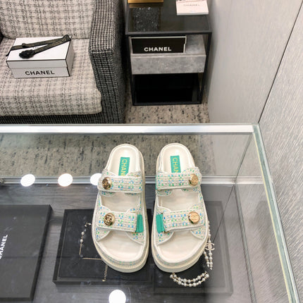 DAD SANDAL MULE IN WHITE MIX PERSIAN GREEN TWEED FABRIC