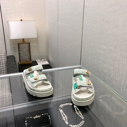 DAD SANDAL MULE IN WHITE MIX PERSIAN GREEN TWEED FABRIC