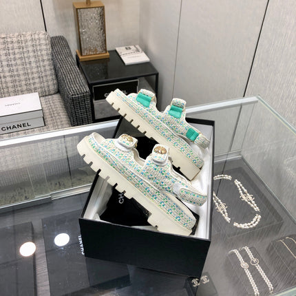 DAD SANDAL IN WHITE MIX PERSIAN GREEN TWEED FABRIC