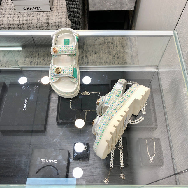 DAD SANDAL IN WHITE MIX PERSIAN GREEN TWEED FABRIC