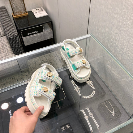 DAD SANDAL IN WHITE MIX PERSIAN GREEN TWEED FABRIC