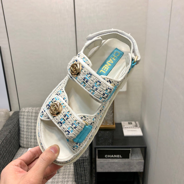 DAD SANDAL IN WHITE MIX LIGHT BLUE TWEED FABRIC