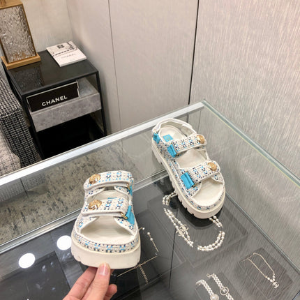 DAD SANDAL IN WHITE MIX LIGHT BLUE TWEED FABRIC