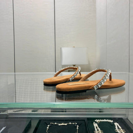 THONG SLIDE IN BRONZE BROWN SUEDE WITH WHITE CRYSTALS