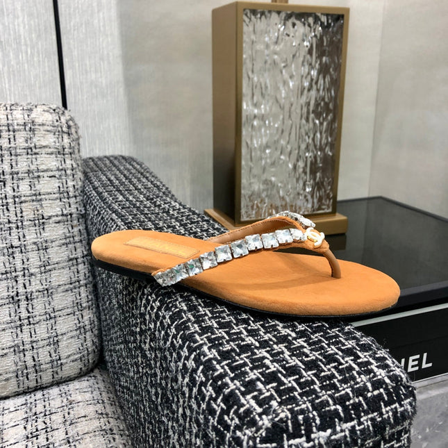 THONG SLIDE IN BRONZE BROWN SUEDE WITH WHITE CRYSTALS