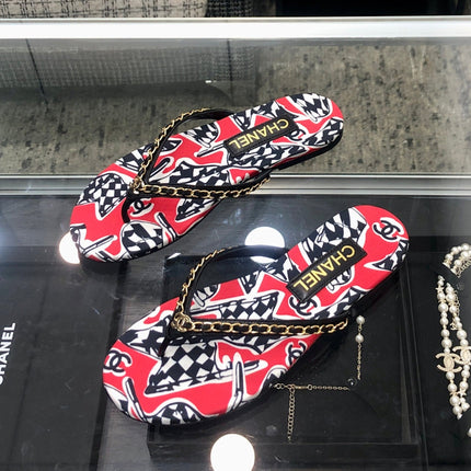 THONG SLIDE IN CHERRY RED MIX COLORFUL FLORAL FABRIC