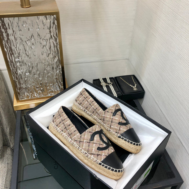 ESPADRILLE CAMEL BEIGE TWEED FABRIC AND BLACK CALFSKIN FLATS