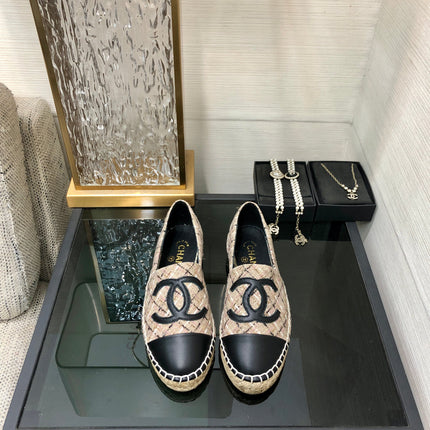 ESPADRILLE CAMEL BEIGE TWEED FABRIC AND BLACK CALFSKIN FLATS
