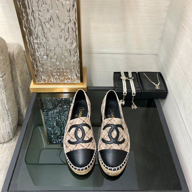 ESPADRILLE CAMEL BEIGE TWEED FABRIC AND BLACK CALFSKIN FLATS