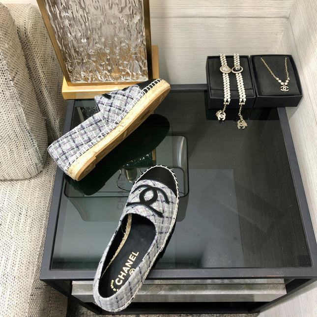 ESPADRILLE COLORFUL TWEED FABRIC AND BLACK CALFSKIN FLATS