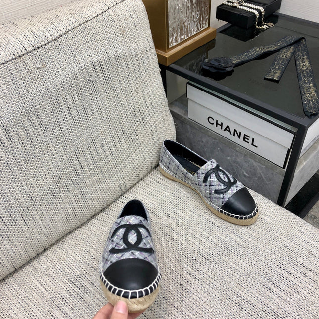 ESPADRILLE COLORFUL TWEED FABRIC AND BLACK CALFSKIN FLATS