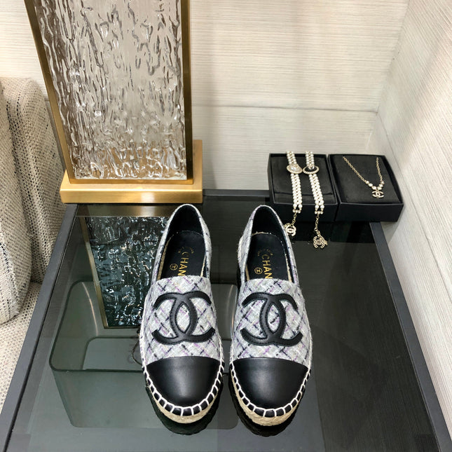 ESPADRILLE COLORFUL TWEED FABRIC AND BLACK CALFSKIN FLATS