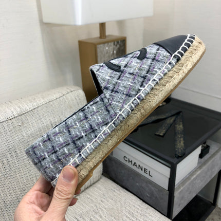 ESPADRILLE COLORFUL TWEED FABRIC AND BLACK CALFSKIN FLATS