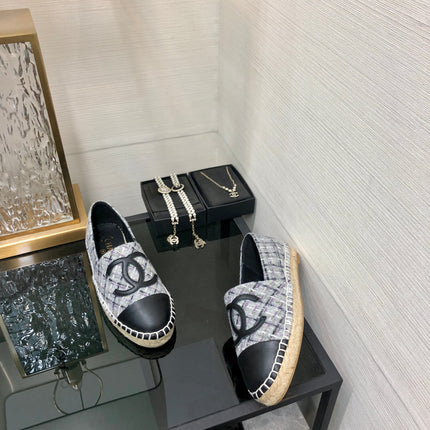 ESPADRILLE COLORFUL TWEED FABRIC AND BLACK CALFSKIN FLATS