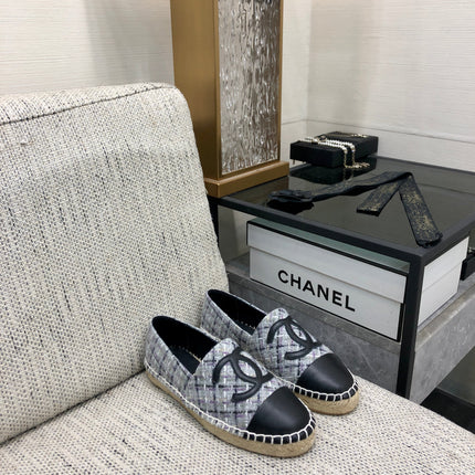 ESPADRILLE COLORFUL TWEED FABRIC AND BLACK CALFSKIN FLATS