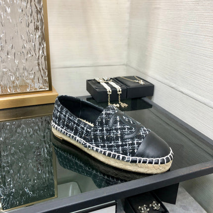 ESPADRILLE BLACK MIX WHITE TWEED FABRIC AND CALFSKIN FLATS