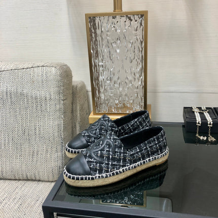 ESPADRILLE BLACK MIX WHITE TWEED FABRIC AND CALFSKIN FLATS