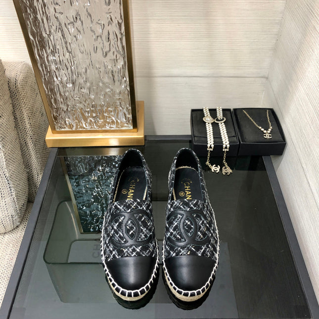 ESPADRILLE BLACK MIX WHITE TWEED FABRIC AND CALFSKIN FLATS