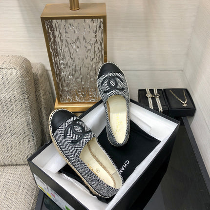 ESPADRILLE BLACK MIX WHITE TWEED FABRIC AND CALFSKIN FLATS 185046