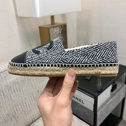 ESPADRILLE BLACK MIX WHITE TWEED FABRIC AND CALFSKIN FLATS 185046