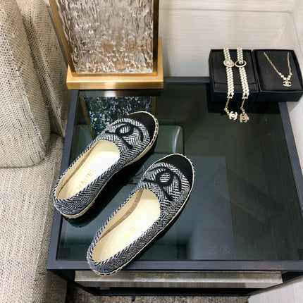 ESPADRILLE BLACK MIX WHITE TWEED FABRIC AND CALFSKIN FLATS 185046