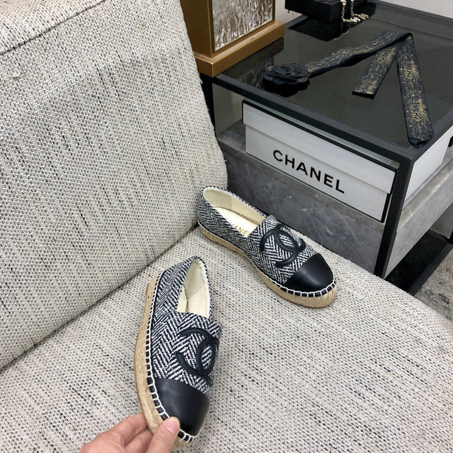 ESPADRILLE BLACK MIX WHITE TWEED FABRIC AND CALFSKIN FLATS 185046