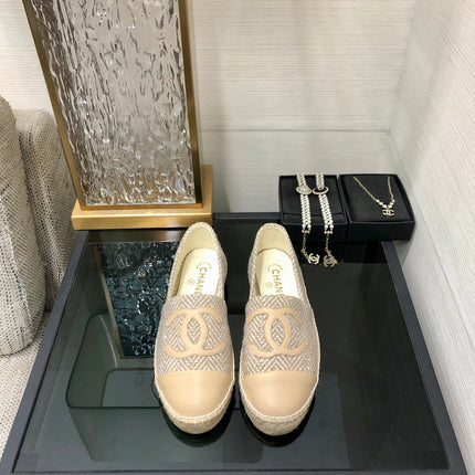 ESPADRILLE BISQUE BEIGE TWEED FABRIC AND CALFSKIN FLATS