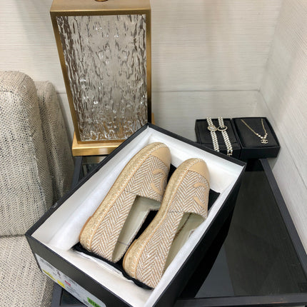ESPADRILLE BISQUE BEIGE TWEED FABRIC AND CALFSKIN FLATS