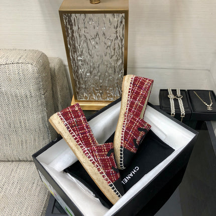 ESPADRILLE BLACK MIX CRIMSON RED TWEED FABRIC FLATS