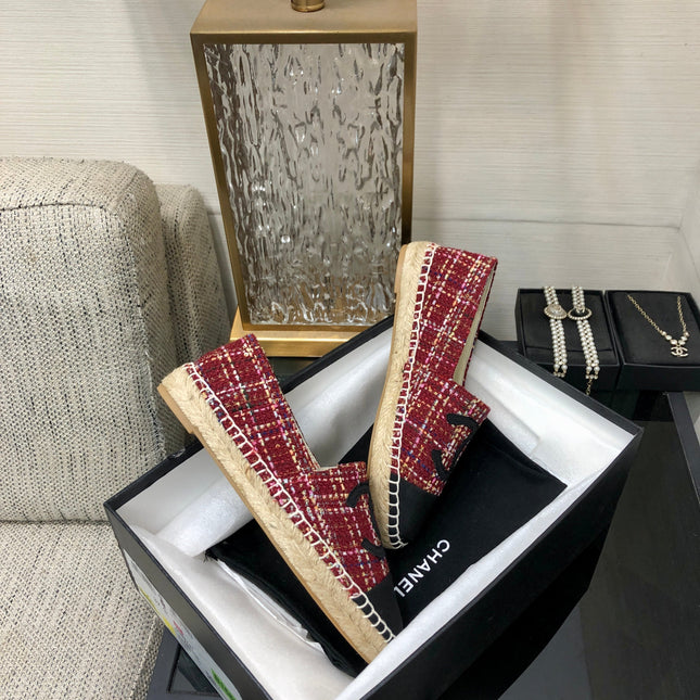 ESPADRILLE BLACK MIX CRIMSON RED TWEED FABRIC FLATS