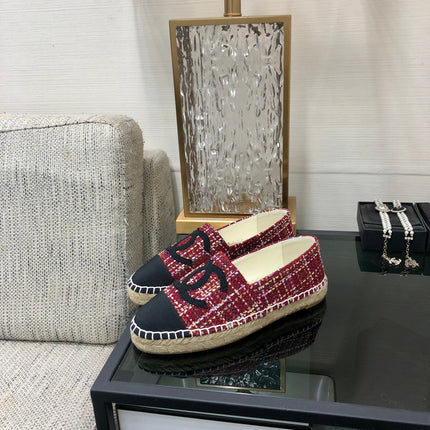 ESPADRILLE BLACK MIX CRIMSON RED TWEED FABRIC FLATS