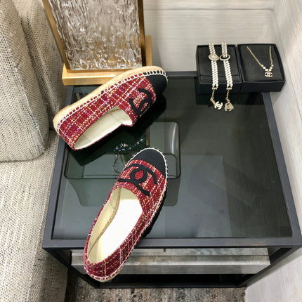ESPADRILLE BLACK MIX CRIMSON RED TWEED FABRIC FLATS