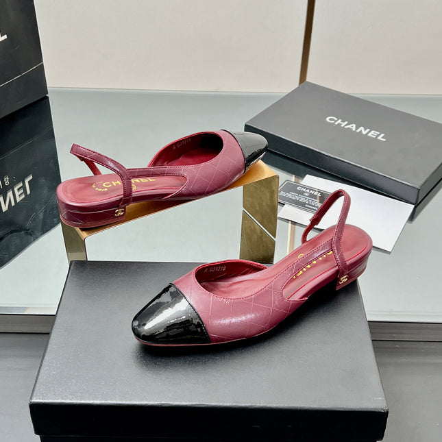 CC SLINGBACK 25S 25 MM IN BURGUNDY LAMBSKIN AND BLACK GLOSSY LEATHER WITH CHECK PATTERN