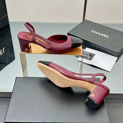 CC SLINGBACK 25S 65 MM IN BURGUNDY LAMBSKIN AND BLACK GLOSSY LEATHER WITH CHECK PATTERN