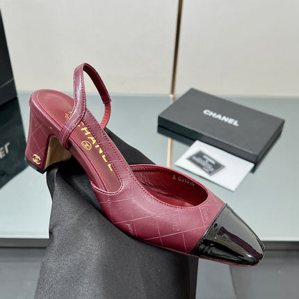 CC SLINGBACK 25S 65 MM IN BURGUNDY LAMBSKIN AND BLACK GLOSSY LEATHER WITH CHECK PATTERN