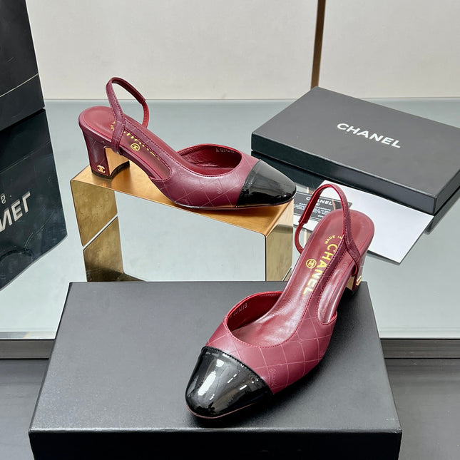 CC SLINGBACK 25S 65 MM IN BURGUNDY LAMBSKIN AND BLACK GLOSSY LEATHER WITH CHECK PATTERN