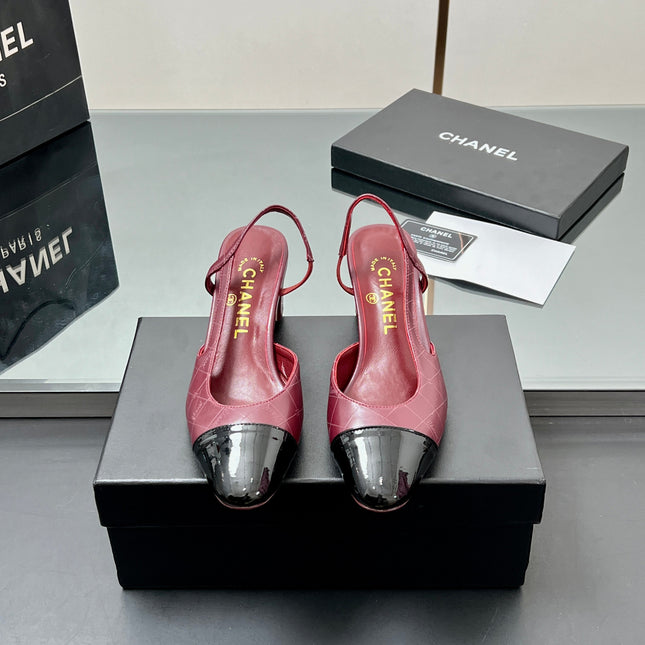 CC SLINGBACK 25S 65 MM IN BURGUNDY LAMBSKIN AND BLACK GLOSSY LEATHER WITH CHECK PATTERN