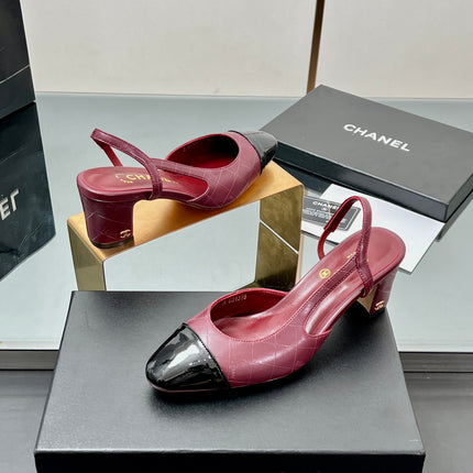 CC SLINGBACK 25S 65 MM IN BURGUNDY LAMBSKIN AND BLACK GLOSSY LEATHER WITH CHECK PATTERN