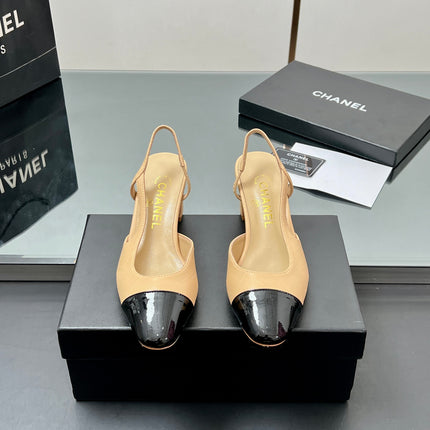 CC SLINGBACK 25S 65 MM IN BEIGE LAMBSKIN AND BLACK GLOSSY LEATHER WITH CHECK PATTERN