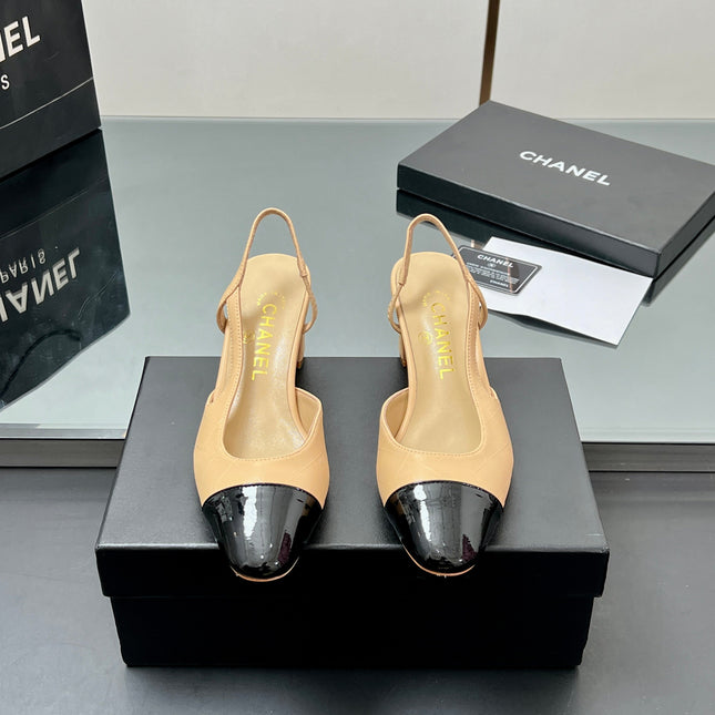 CC SLINGBACK 25S 65 MM IN BEIGE LAMBSKIN AND BLACK GLOSSY LEATHER WITH CHECK PATTERN