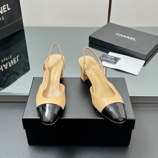 CC SLINGBACK 25S 65 MM IN BEIGE LAMBSKIN AND BLACK GLOSSY LEATHER WITH CHECK PATTERN