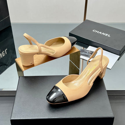 CC SLINGBACK 25S 65 MM IN BEIGE LAMBSKIN AND BLACK GLOSSY LEATHER WITH CHECK PATTERN