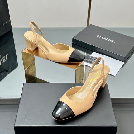 CC SLINGBACK 25S 65 MM IN BEIGE LAMBSKIN AND BLACK GLOSSY LEATHER WITH CHECK PATTERN