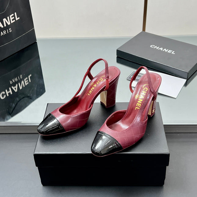 CC SLINGBACK 25S 90 MM IN BURGUNDY LAMBSKIN AND BLACK GLOSSY LEATHER WITH CHECK PATTERN