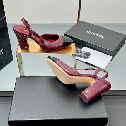 CC SLINGBACK 25S 90 MM IN BURGUNDY LAMBSKIN AND BLACK GLOSSY LEATHER WITH CHECK PATTERN