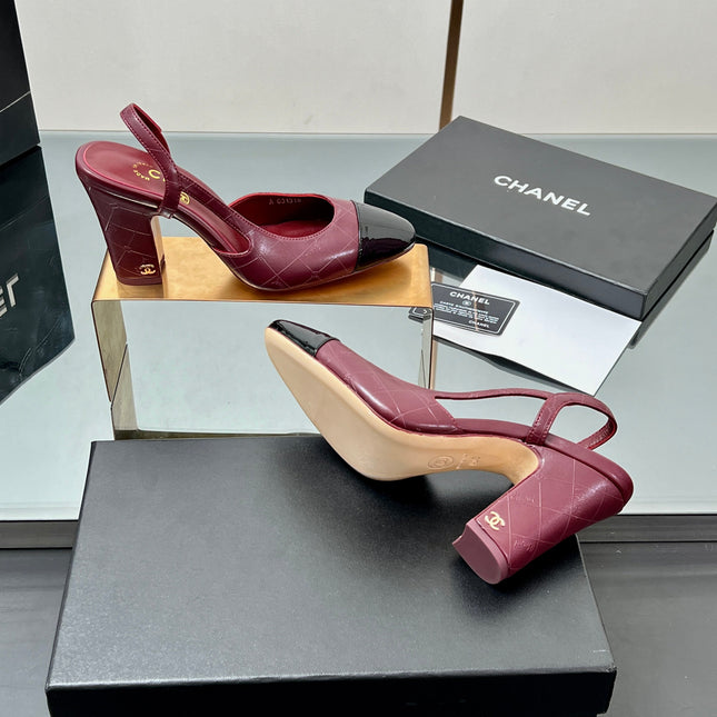 CC SLINGBACK 25S 90 MM IN BURGUNDY LAMBSKIN AND BLACK GLOSSY LEATHER WITH CHECK PATTERN